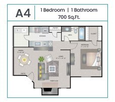 A floor plan of a 700 sq.ft apartment with one bedroom and one bathroom.